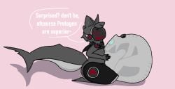 anthro belly big_belly duo eviltoaster eviltoaster05 femboy_pred hi_res machine male male/male male_pred male_prey protogen shark_tail sitting sitting_on_knees size_difference smaller_pred smug_pred synth_(vader-san) thick_thighs tight_bulges unwilling_prey vore