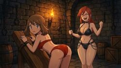 2d 2girls ai_generated bdsm_outfit bdsm_room bending_forward blue_eyes bondage bondage_outfit brown_hair brunette_hair cane captured captured_heroine dungeon evil_laugh female female_focus female_only light_skin lorelei_(pokemon) may_(pokemon) pokemon red_hair shackles tight_clothing wrists_tied