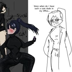 belt belt_buckle big_ass big_breasts black_gloves black_hair black_legwear blowjob blowjob_face blush crouching crouching_female fellatio gloves hanafuda hanafuda_(library_of_ruina) heart-shaped_pupils huge_ass huge_breasts library_of_ruina looking_pleasured looking_up mole mole_under_mouth motion_lines phone ponytail project_moon purple_eyes purple_hair simple_background small_dick small_penis small_penis_adoration smaller_female sucking sucking_penis sweater tagme teeth text thick_thighs thinking