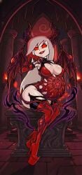 aura breast_growth church_background corrupted corruption cursed_clothing demon_girl demon_horns demon_wings demoness demonic_possession evil_smile glowing_eyes grey_hair organic_armor organic_high_heels pentagram red_eyes succubus