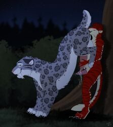 anal animal_genitalia animal_penis anthro anthro_on_feral anthro_rimming anthro_rimming_feral ass_up balls beast_rimming blush bodily_fluids caraluca closed_eyes digital_media_(artwork) duo erection fangs feet felid feline feline_genitalia feline_penis feral feral_rimmed fingers forest fur genital_fluids genitals handjob hi_res leaking_precum looking_back male male/male male_rimmed male_rimming male_rimming_male mammal night nude oral outdoor_nudity outside outside_sex pantherine paws penile penile_spines penis plant precum precum_string rimming rimming_male sabertooth_(anatomy) sex smile snow_leopard standing tail teeth toes tongue tree zoophilia