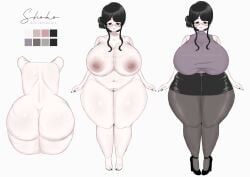 artist_self-insert back_view bbw beauty_mark cellulite character_sheet glasses hair_bun large_areolae large_ass large_breasts milf navel_piercing nipple_piercing office_lady original original_character painted_nails painted_toenails pantyhose pubic_hair shoko_(stickyroll) skirt stickyroll venus_body