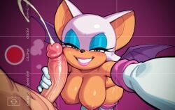 1boy 1girls ai_generated camera_overlay cumming ejaculation elbow_gloves green_eyes grin huge_breasts huge_cock human narrowed_eyes nipples penis_on_cheek penis_on_face pink_background reaching_towards_viewer rouge_the_bat selfie sonic_(series) sonic_the_hedgehog_(series) text wings