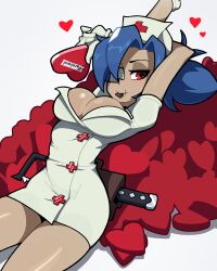 1girls blue_hair breasts eyepatch female female_focus female_only gloves highres large_breasts muds nurse nurse_cap nurse_uniform red_eyes scar sexy skullgirls tagme thighs valentine_(skullgirls)