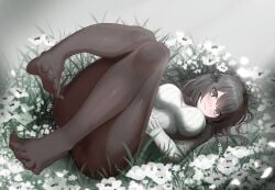 absurdres arknights arknights:_endfield ass ass_visible_through_thighs barefoot black_eyes black_hair black_pantyhose blush breasts closed_mouth commentary_request endministrator_(arknights) feet female female_endministrator_(arknights) field flower flower_field foot_focus full_body hair_ornament highres holding large_breasts legs long_sleeves looking_at_viewer lying mumi-daohu mumi_daohu no_shoes on_back pantyhose short_hair sitting smile soles solo spread_toes thick_thighs thighs toes underwear white_flower