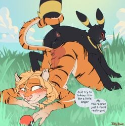 anthro anthro_on_feral anthro_penetrated begging_for_more begging_not_to_stop blush blush_lines breath duo eeveelution english_text felid female feral feral_penetrating feral_penetrating_anthro generation_2_pokemon genitals hi_res interspecies jolly_ruine knot knotted_penis knotting male male/female mammal nintendo pantherine panting penetration penis pokeball pokemon pokemon_(species) pokephilia public sex tail_hold text tiger umbreon vaginal_knotting vaginal_penetration zoophilia