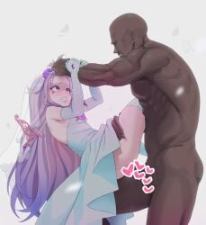 1boy1girl 1boy1girls alternate_costume bridal_veil bride censored chest_jewel clenched_teeth commentary dark-skinned_male dark_skin dress elbow_gloves female gloves grabbing_another's_hair gradient_hair grey_hair heart heart_censor holding_another's_hair hololive hololive_english koseki_bijou long_hair male/female metal_wings multicolored_hair muscular muscular_male paid_reward_available purple_eyes purple_hair sex simple_background straight straight_sex strapless strapless_dress symbol-only_commentary teeth thanabis veil virtual_youtuber wedding_dress white_background white_dress