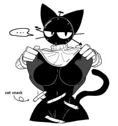 ... 1girls anthro big_breasts black_body cat_ears cat_snacks cat_tail caught_stealing clock_head clockat_(sabgong) featureless_breasts featureless_crotch feline female food gloves monochrome no_mouth no_nipples no_vagina revealing revealing_breasts sabgong snacks solo solo_focus sweatdrop sweater text text_bubble thick thick_hips toned white_background wide_hips