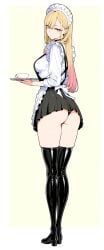 ai_assisted ai_generated apron big_breasts blonde_hair boots choker colored_tips highres holding_object holding_tray hourglass_figure kitagawa_marin latex latex_boots long_hair looking_at_viewer looking_over_shoulder maid maid_headdress maid_uniform my_dress_up_darling panties panties_visible_under_skirt pink_eyes red_eyes rinomaw simple_background sono_bisque_doll_wa_koi_wo_suru upskirt white_background young_female