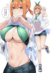 :d bag bandaid bandaid_on_knee bandaid_on_leg bikini bikini_under_clothes bikini_visible_through_clothes blue_eyes breasts chicke_iii clothes_lift commentary condom_box female go-toubun_no_hanayome green_bikini green_hairband hairband highres holding holding_bag japanese_text large_breasts lifting_own_clothes low_ponytail medium_hair multiple_views nakano_yotsuba navel open_mouth orange_hair partially_translated plastic_bag ponytail shirt shirt_lift shopping_bag short_shorts shorts smile speech speech_bubble spot_color swimsuit symbol-only_commentary text translated waving white_shirt