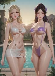 2girls ai_generated bare_shoulders bikini_strap black_hair blonde_hair blush fancy_clothing flower_earrings flower_in_hair hair_strand high_ponytail hill lipstick long_hair loose_hair medium_breasts miniskirt pillar plant poolside rgomez007 scenery seductive_look shiny_skin side_swept_bangs slender_body stable_diffusion standing straps sunset swimsuit underboob