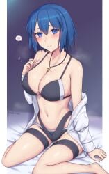 1girls black_swimsuit blue_eyes blue_hair breasts ciel_(tsukihime) exposed_breasts female hakokitsu melty_blood short_hair sitting sitting_on_bed soukitsu swimsuit tsukihime type-moon variant_set