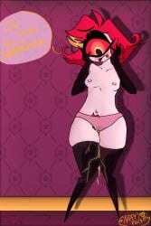 blush breasts bush cyclops demon_girl embarrassed hazbin_hotel hellaverse long_gloves niffty niffty_fucker panties peeing peeing_self petite red_hair speech_bubble thick_thighs thighhighs topless vivienne_medrano