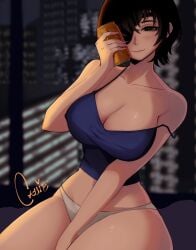 beer beer_can belly big_breasts big_thighs black_hair breasts chainsaw_man cleavage cleavage_overflow curves curvy curvy_figure cute cute_face drunk drunk_female eyepatch female female_focus female_only green_eyes himeno_(chainsaw_man) hips hips_wider_than_shoulders juicy_lips meloncallie11 nipple_bulge nipples pale-skinned_female panties sexy sexy_body shirt shirt_and_panties solo solo_female solo_focus thick_thighs tummy wide_hips wide_thighs