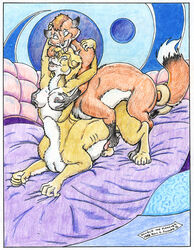 1990s 1998 20th_century animal_genitalia anthro blonde_hair breasts canine chakat chakona_space closed_eyes cougar dickgirl duo feline fox fox_taur fur furry furry_only garrek goldfur hair intersex licking mammal no_humans nude orange_fur penetration roy_d._pounds_ii taur tongue tongue_out yellow_fur