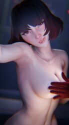 1girls 2026 3d areolae areolae_slip armpits black_hair blurred_background breasts covering covering_breasts covering_nipples deadlock female female_only functionally_nude gloves handbra head_tilt lip_gloss looking_at_viewer medium_breasts medium_hair mina_(deadlock) mina_ha navel nude nude_female plump_breasts red_eyes red_fade_hair rougenine selfie smile solo sweaty sweaty_body upper_body vampire vampire_girl vampire_teeth