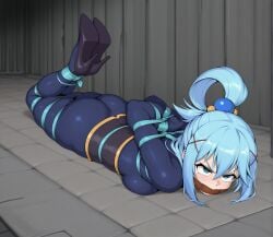 ai_generated aqua_(konosuba) kono_subarashii_sekai_ni_shukufuku_wo! hogtie bondage long_hair blue_hair bodysuit laying_on_stomach solo