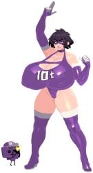 10t anime big_breasts boku_no_hero_academia boots breasts elbow_gloves female gigantic_breasts gloves leotard my_hero_academia nipples_visible_through_clothing pointing pointing_up purple_hair purple_leotard s-purple short_hair superhero superheroine thigh_boots thighhighs top_heavy