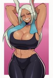 abs ai_generated armpits big_breasts brown_body bunny_ears gym_clothes gym_uniform hereticus huge_breasts miruko my_hero_academia red_eyes sweat sweaty tight_clothing towel white_hair wide_thighs
