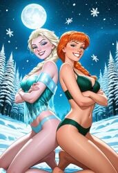 ai_generated anna_(frozen) back_to_back breasts cold dark.drakus disney elsa_(frozen) frozen_(film) happy lying mountain night standing stars trees
