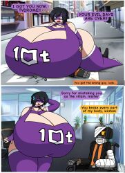 10t 1boy1girl anime big_breasts boku_no_hero_academia boots breasts comic elbow_gloves gigantic_breasts large_breasts leotard my_hero_academia powerful_breasts purple_leotard superhero superheroine text_bubble thigh_boots thighhighs thighs zerosenpie