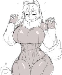 animal_ears breasts closed_eyes dog_girl felicia_(krekk0v) female female_only gloves krekk0v large_breasts monochrome muscles muscular_female solo tail