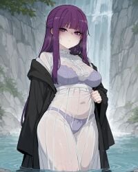 1girls ai_generated aiyor angry annoyed annoyed_expression chubby, chubby_female clothed, dead_eyes disappointed female female_focus female_only fern_(sousou_no_frieren) judging lingerie looking_at_viewer outdoors, see-through see-through_clothes see-through_clothing solo solo_female sousou_no_frieren wet wet_clothes wet_clothing