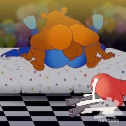 animated anthro ass balls bear big_balls big_butt big_penis bodily_fluids bonnie_(fnaf) canid canine cum cum_from_ass cum_in_ass cum_inside five_nights_at_freddy's fox foxy_(fnaf) freddy_(fnaf) genital_fluids genitals group hi_res lagomorph leporid male male/male mammal nuknuks penis pounding_ass rabbit scottgames trio