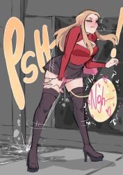 1girls alternate_costume barbara_(biku) biku black_skirt black_thighhighs blonde_hair blue_earrings blush breasts cleavage cleavage_cutout closed_eyes closed_mouth earrings english_text female large_breasts long_hair long_sleeves official_alternate_costume onomatopoeia original original_character panties panties_aside panties_aside_by_self peeing pink_nails pink_panties red_turtleneck skirt sole_female solo solo_female solo_focus speech_bubble stained_panties thighhighs turtleneck underwear