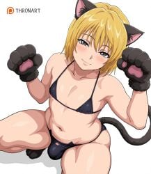 1boy 1femboy ai_generated bikini blonde_hair blush blush_lines bulge cat_ears cat_tail catboy chubby collarbone femboy grey_eyes head_tilt huge_ass huge_hips huge_thighs hunter_x_hunter kurapika light_smile looking_at_viewer male male_focus navel paw_pose pawprint plump seductive_smile solo solo_femboy solo_focus squatting thick thick_ass thick_thighs thronart wide_hips