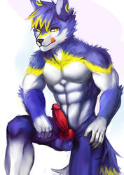 abs agonylight balls biceps bunic canine clothed clothing digital_media_(artwork) hair hi_res knot male male_only mammal muscular pecs penis solo standing topless triceps wolf yellow_eyes