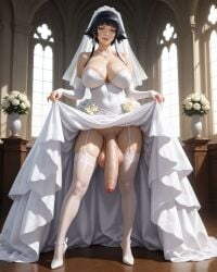1girls ai_generated balls big_breasts big_penis black_hair bleach bleach:_the_thousand-year_blood_war blush bride futanari high_heels light-skinned_female smile soifon solo stockings sui-feng uncensored wedding_dress