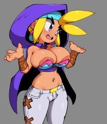 1girls areola_slip areolae arm_wraps bandana blonde_hair blush breasts bursting_breasts cameltoe cleavage cloak earrings female female_only huge_breasts jeans jellot large_breasts looking_at_viewer midriff navel nipples puffy_nipples purple_eyes pussy_bulge shantae sky_(shantae) solo tanned_skin wayforward