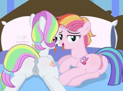 2017 animal_genitalia animal_pussy anus ass bed bedroom_eyes clitoral_winking clitoris coconut_cream_(mlp) cutie_mark dock duo equine equine_pussy female feral friendship_is_magic half-closed_eyes horse looking_at_viewer lying mammal my_little_pony on_bed open_mouth pillow pony presenting presenting_anus presenting_hindquarters presenting_pussy pussy seductive shutterflyeqd spread_legs spreading tongue tongue_out toola_roola_(mlp) twinkle_wish_adventure