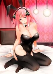 animal_ear_hairband animal_ears black_bow black_bowtie black_hairband black_leotard black_ribbon black_thighhighs blue_eyes blunt_bangs blush bow bowtie breasts butterfly_hair_ornament closed_mouth clothing_cutout commentary_request covered_navel detached_collar fake_animal_ears female go-toubun_no_hanayome hair_ornament hair_ribbon hairband highres kosmos_beta large_breasts leotard looking_at_viewer nakano_nino on_bed paid_reward_available pink_hair playboy_bunny rabbit_ears ribbon short_hair sitting smile solo thigh_cutout thighhighs thighs white_wrist_cuffs wrist_cuffs
