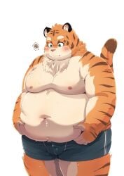 2026 absurd_res anthro belly big_belly blush bodily_fluids bulge felid hamagiato hi_res kemono male mammal moobs navel nipples overweight overweight_male pantherine simple_background solo standing sweat tiger