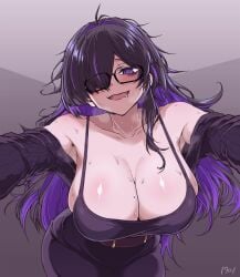 13kai01 @_@ bags_under_eyes black-framed_eyewear black_cardigan black_dress black_hair blush breasts breath cardigan cardigan_partially_removed cleavage collarbone colored_inner_hair commentary_request dress female glasses goddess_of_victory:_nikke hair_over_one_eye highres label_(nikke) large_breasts long_hair looking_at_viewer mole mole_on_breast multicolored_hair nervous_smile purple_eyes purple_hair purple_streaks shiny_skin smile solo sweat taut_clothes taut_dress two-tone_hair very_long_hair