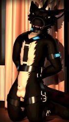 animal_genitalia anthro avali_scratch_(text) black_body black_fur bondage bound brown_eyes collar dragon fangs fully_sheathed fur furred_dragon furred_scalie genitals grey_body grey_fur grey_markings grin grinning_at_viewer hands_behind_back hands_tied_behind_back harness heterochromia hi_res horn jyrahvali kneeling leather leather_harness legs_tied looking_at_viewer male markings moonfang muzzle_(object) muzzled mythological_creature mythological_scalie mythology red_body red_fur red_markings scalie sheath smile smiling_at_viewer solo teeth white_body white_fur white_horn yellow_eyes zuikir_(jyrahvali)