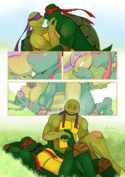 absurd_res anthro blush brother_(lore) brothers_(lore) comic donatello donatello_(tmnt) duo french_kissing from_front_position grass hi_res incest incest_(lore) kissing lying male male/male mishajeans missionary_position muscular on_back plant raphael raphael_(tmnt) reptile scalie sex sibling_(lore) smile teenage_mutant_ninja_turtles tmnt_2003 turtle
