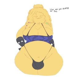 1female 1futa 2026 accessories armband armbands balls barely_clothed belly big_breasts black_bra black_underwear blue_clothing blue_top blue_topwear bra_strap breasts bulge cleavage clothed clothing cock dialogue digital_art digital_drawing_(artwork) digital_media digital_media_(artwork) english_text flaccid forsaken_(roblox) futanari green_accents hips mostly_nude noob noob_(forsaken) noob_(roblox) penis purple_accents roblox roblox_game robloxian scene_noob slightly_chubby solo solo_female standing text thick_thighs thighs tummy wide_hips yellow_body yellow_hair yellow_skin zoe_artz