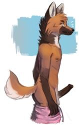 2017 anthro ass balls biped blue_background brown_fur brown_nose brown_penis brown_tail canine chest_tuft clothed clothing countershade_tail countershading digital_media_(artwork) digital_painting_(artwork) erection eyewear fluffy fluffy_tail fur glasses gloves_(marking) head_tuft hi_res humanoid_hands humanoid_penis looking_at_viewer male male_only mammal maned_wolf markings multicolored_fur neck_tuft orange_eyes orange_fur pants_down partially_clothed penis pince-nez pink_bottomwear pink_clothing portrait quinces side_view simple_background slim solo surprise three-quarter_portrait topless tuft vein veiny_penis white_background white_balls white_countershading white_fur white_tail