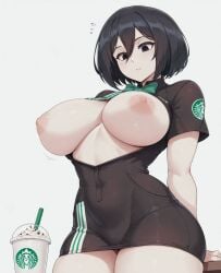 1girls 1woman ai ai_art ai_generated attack_on_titan breasts looking_down mikasa_ackerman nipples sondu stable_diffusion starbucks suprised suprised_look thick_thighs thighs tubbai