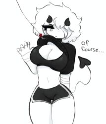 big_breasts big_thighs fishing_rod hourglass_figure lifting_shirt looking_down romymy37 short_hair simple_background simple_coloring tagme tail text