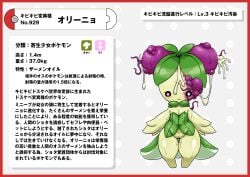 absurd_res border dolliv elemental_creature flora_fauna generation_9_pokemon genitals green_body green_hair green_skin hair hi_res japanese_text leaf leaf_clothing leaf_hair nikunigushii nintendo plant plant_hair pokedex pokedex_entry pokedex_number pokemon pokemon_(species) pseudo_hair purple_eyes red_border semi-anthro simple_background text translation_request vulva white_background