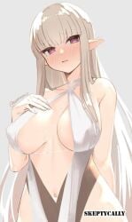 1girls 2d 2d_(artwork) 2d_artwork @_@ arm_behind_back belly belly_button big_breasts blunt_bangs blush blush_face blushing_at_viewer blushing_female blushing_lines breasts breasts_apart brown-eyed_female brown-haired_female brown_eyes brown_hair busty busty_female busty_girl cleavage clothes collarbone digital digital_art digital_drawing digital_drawing_(artwork) digital_media digital_media_(artwork) dress elbows elf elf_ear elf_ears elf_female elf_girl embarrassed embarrassed_expression embarrassed_female eyebrows_visible_through_hair female female_focus female_only fingernails fingers flustered flustered_female hand_behind_back hand_on_breast hand_on_chest hand_on_own_breast hand_on_own_chest head_tilt large_boobs large_breasts lean_figure long_hair looking_at_viewer looking_down looking_down_at_viewer midriff narrow_waist navel nipple_bulge oc original original_art original_artwork original_character outfit pointy_ears revealing_clothes revealing_clothing revealing_outfit shoulders simple_background skeptycally slender_body slender_waist slim_waist solo standing swirly_eyes tilted_head topwear upper_body white_background white_clothes white_dress white_outfit white_topwear