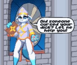 anthro book bottomless church clothed clothing dialogue digital_media_(artwork) english_text felid feline female fish!_(game) fur genitals inside looking_at_viewer mammal pixel_(artwork) priest priest_robes pristina_(character) religion religious_symbol smile smiling_at_viewer solo speech_bubble standing tail text vulva white_body white_fur zeka10000