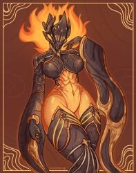 abs belly breasts clothing diamoreting digital_extremes ember_(warframe) ember_heirloom_(warframe) female fire hi_res hips huge_breasts humanoid legwear solo tencent thick_thighs thigh_highs warframe wide_hips