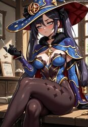 ai_generated artist_name black_choker black_gloves black_hair black_pantyhose blue_cape blue_capelet blue_headwear blue_leotard blush bodystocking book breasts brooch brown_pantyhose cape capelet choker closed_mouth clothing covered_navel crossed_legs detached_sleeves earrings elbow_gloves feet_out_of_frame female fur_collar fur_trim genshin_impact gloves gold_trim green_eyes grey_eyes hair_between_eyes hand_up hat hat_ornament headwear highleg highleg_leotard indoors jewelry jousneystudio leotard long_hair looking_to_the_side medium_breasts mona_(genshin_impact) pantyhose patreon_username sitting solo sparkle_print star_(symbol) star_earrings thighlet thighs trembling twintails twitter_username witch_hat