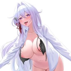 absurdres aircell black_bra black_horns blush bra breasts bright_pupils collarbone commentary_request cowboy_shot female hair_between_eyes hair_intakes hair_ribbon highres honkai_(series) honkai_impact_3rd horns korean_commentary large_breasts leaning_forward long_hair navel nipples nude open_bra open_clothes open_mouth open_shirt paid_reward_available purple_eyes pussy red_ribbon ribbon shirt side_horns simple_background single_horn smile solo stomach thelema_nutriscu tongue tongue_out uncensored underwear very_long_hair white_background white_hair white_pupils white_shirt