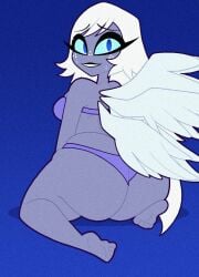 1girls angel ass big_ass big_butt bikini blue_background blue_eyes bottom_heavy emily_(hazbin_hotel) fat_ass female grey_body grey_skin hazbin_hotel hellaverse huge_butt looking_back nervous nervous_smile overweight simple_background solo_female spindlehorse_toons sweatdrop tagme tonyneely vivienne_medrano vivziepop white_hair wide_hips wide_thighs wings